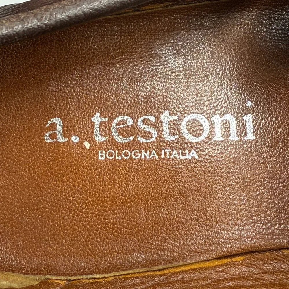 A.‎ Testoni Men's 8.5 Brown Pebbled Leather Bit Loafers Italy Luxury Dress Shoes